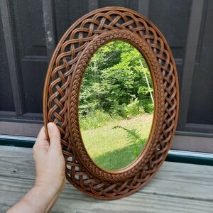 Vintage 1970s MCM Homco Oval Faux Rattan Plastic Hanging Wall Mirror Home Decor